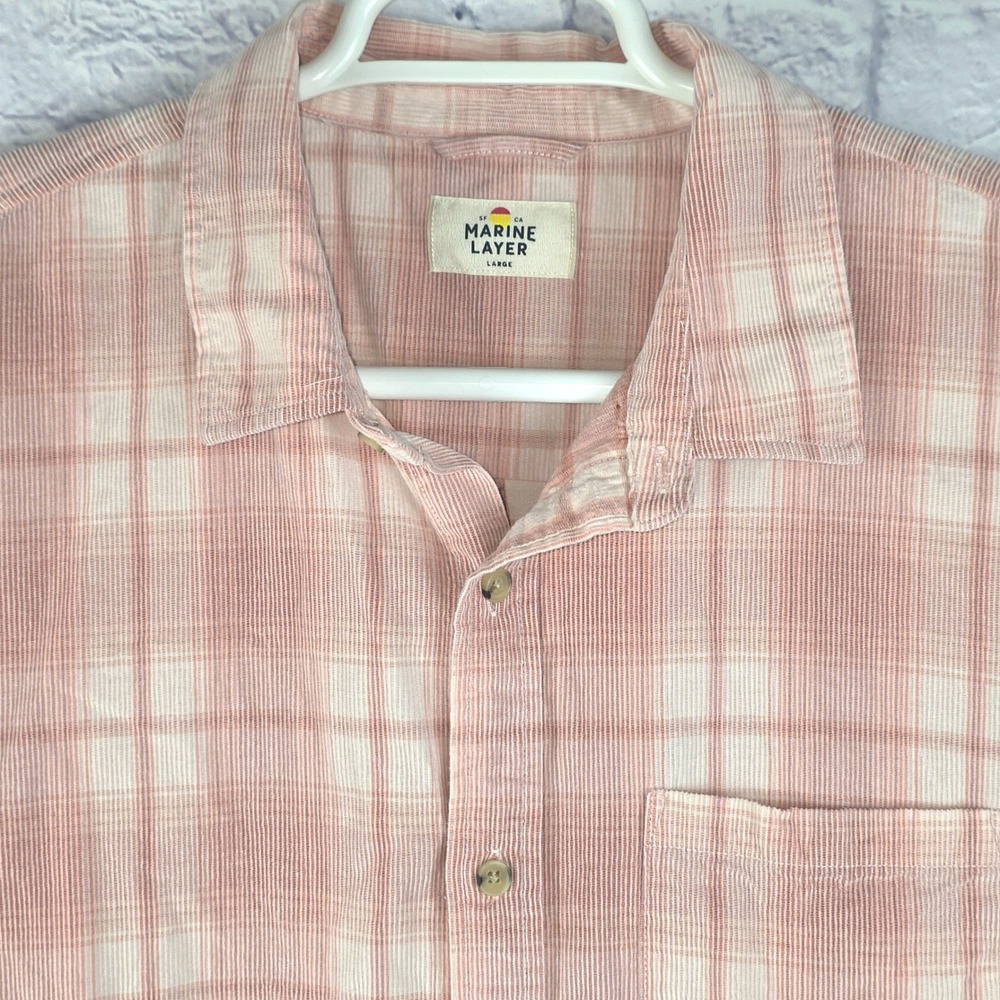 Marine Layer Men Button Down Pink Plaid Corduroy Long Sleeve Cotton Size Large